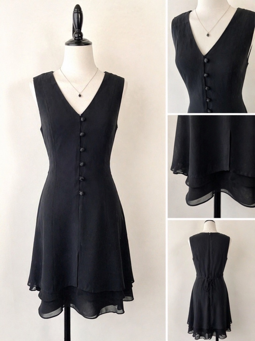 Vintage 90s Black Mini Dress Sheer Hem Button Front Chic Goth Minimalist